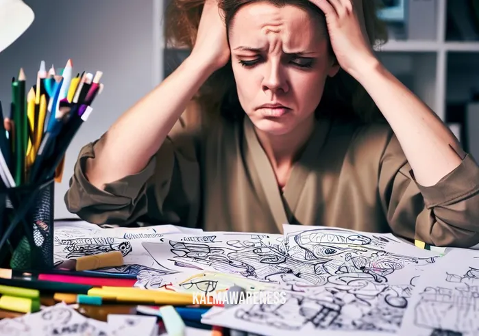 mindful coloring books _ Image: A cluttered desk with scattered coloring pages, markers, and a stressed person with a furrowed brow.Image description: A chaotic scene of a messy workspace with unfinished coloring projects, depicting overwhelm.