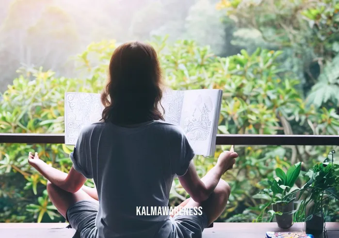 mindful coloring books _ Image: A person sitting cross-legged on a tranquil balcony, surrounded by nature, taking a deep breath, and holding a blank coloring book.Image description: A serene setting of a person finding solace in nature, preparing to start a new coloring adventure.