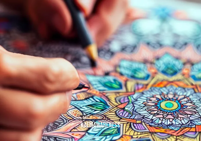 mindful coloring books _ Image: Close-up of the same person, now focused and relaxed, meticulously coloring a mandala in vibrant hues.Image description: A close-up view showcasing the person