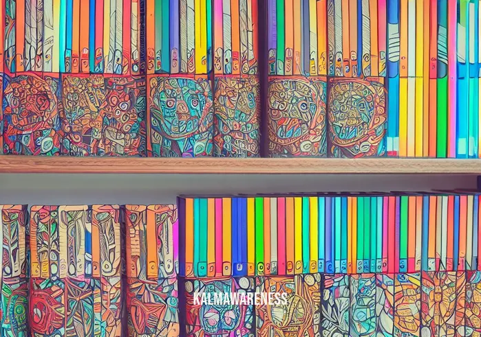 mindful coloring books _ Image: A shelf filled with completed and neatly organized coloring books, showcasing a sense of accomplishment and peace.Image description: An array of beautifully completed coloring books, symbolizing the therapeutic journey