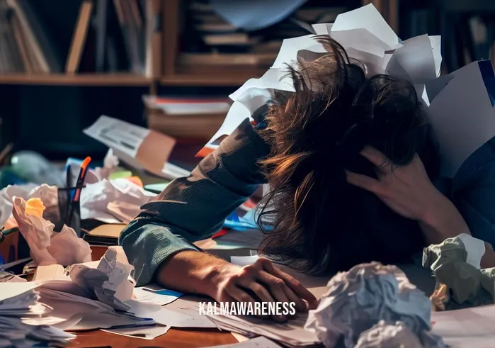 mindful life practice _ Image: A cluttered, chaotic desk with papers strewn about, a stressed person hunched over it, overwhelmed by the mess.Image description: A disorganized workspace filled with clutter, scattered documents, and a person looking stressed and frustrated, surrounded by chaos.