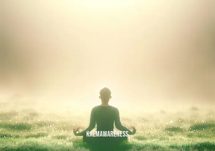 mindful life practice _ Image: A serene outdoor scene at dawn, with a person practicing yoga, sitting cross-legged on a peaceful, dewy grass field, absorbing the tranquility.Image description: A tranquil morning setting with soft sunlight, featuring a person in a yoga pose, sitting cross-legged on dew-covered grass, exuding a sense of peace and serenity.