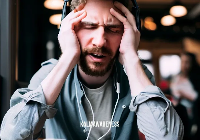 mindful listening exercise _ Image: A close-up of a frustrated person trying to listen to a podcast in a noisy café. Image description: A person sits at a café table, headphones on, brows furrowed, struggling to hear their podcast over the café