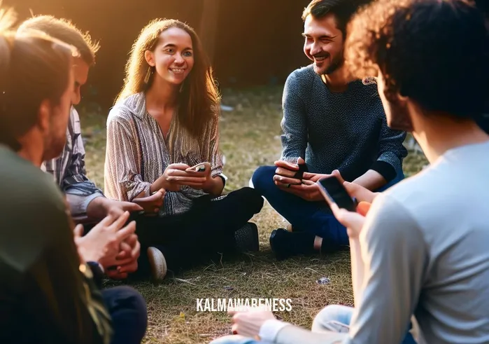 mindful listening exercise _ Image: A group of friends sitting in a circle outdoors, phones put away, listening intently to one another. Image description: A circle of friends sits in a serene park, phones set aside, engaged in deep conversation, and attentive listening.