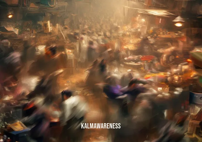 mindful marketplace _ Image: A cluttered, chaotic marketplace scene with people rushing, vendors shouting, and products scattered everywhere.Image description: The bustling marketplace is filled with disarray as shoppers jostle amidst the chaos, overwhelmed by the noise and confusion.