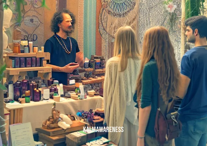 mindful marketplace _ Image: A serene, well-organized stall with a vendor offering mindful products, attracting a small but attentive group of customers.Image description: In a tranquil corner of the marketplace, a vendor presents a neatly arranged display of mindful products, drawing in a focused group of customers eager to explore their offerings.