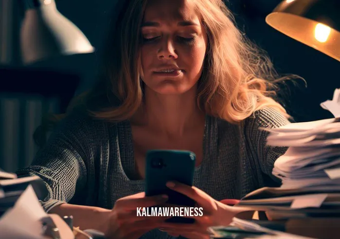 micro meditation _ Image: A close-up of a woman sitting at her cluttered desk, surrounded by stacks of papers and a buzzing phone.Image description: The woman at the desk looks overwhelmed, her furrowed brow indicating her high stress level. The clutter around her mirrors her scattered thoughts, and the constant notifications on her phone add to her unease.