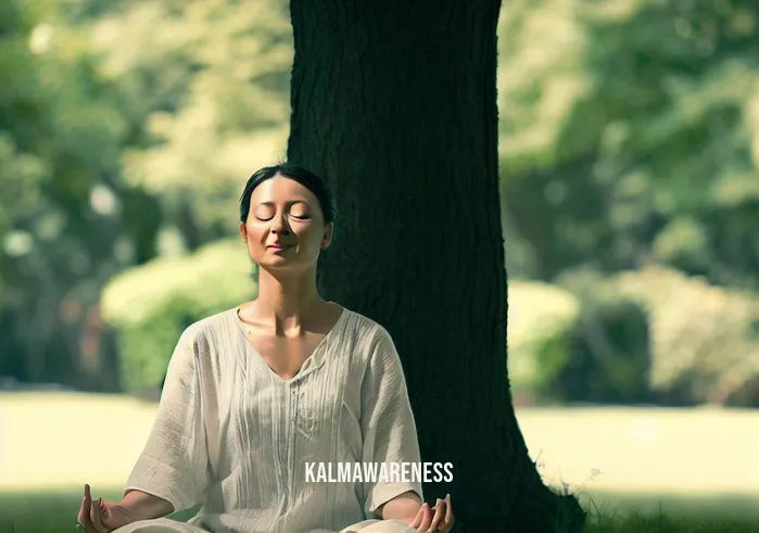 micro meditation _ Image: A peaceful park scene with the same woman sitting under a tree, eyes closed, and a faint smile on her face.Image description: In stark contrast to the previous image, the woman is now in a serene park, away from the city