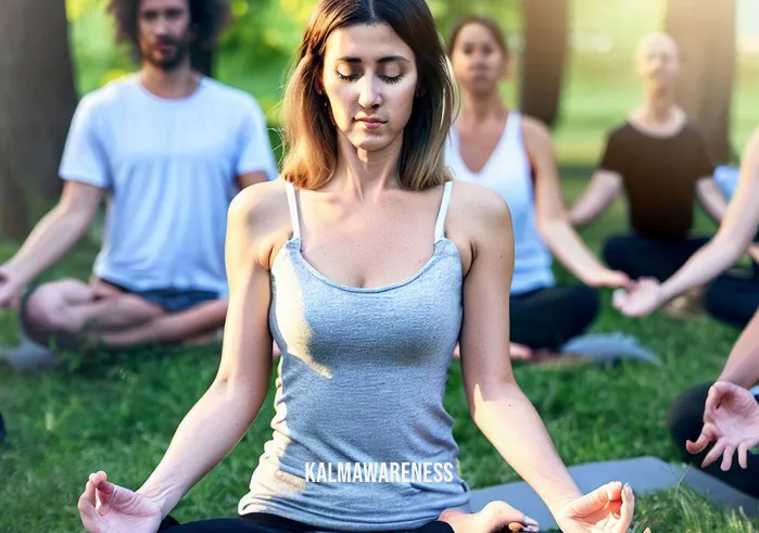 micro meditation _ Image: A group yoga session in the park, with people meditating in various poses, including the woman from earlier.Image description: The woman has joined a group yoga session in the park. She