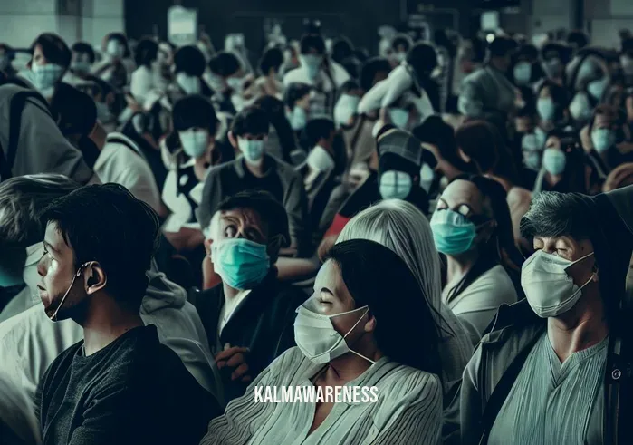 mindful medicine worldwide _ Image: A crowded urban hospital waiting room filled with anxious patients, many wearing face masks. The atmosphere is tense, and social distancing is a challenge.Image description: In the midst of a global pandemic, patients anxiously await medical care in a crowded hospital waiting room. Masks are donned, and the mood is palpably tense.