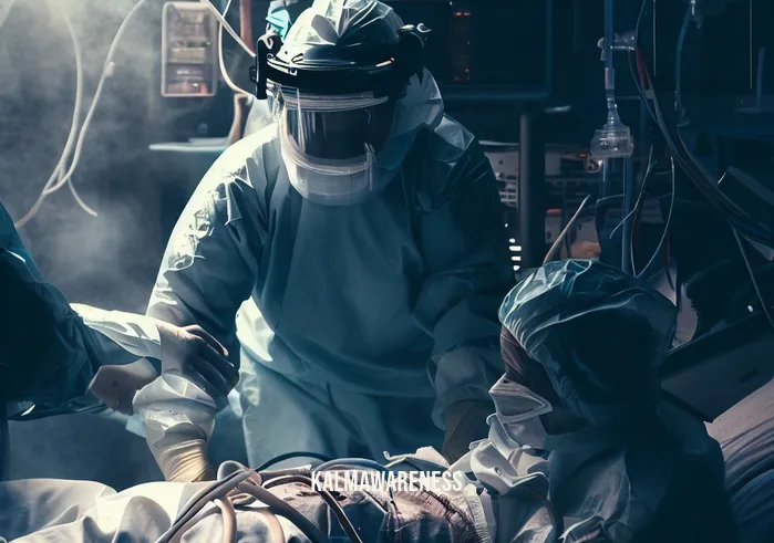 mindful medicine worldwide _ Image: A doctor and nurse in full PPE attending to a critically ill patient in an overwhelmed ICU. The medical team