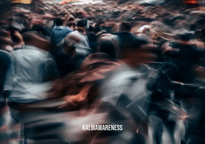 mindful meditation movement _ Image: A crowded urban street during rush hour, with people rushing past each other in a hectic and stressed manner.Image description: The chaotic city scene depicts the daily hustle and bustle, where everyone appears hurried and anxious.