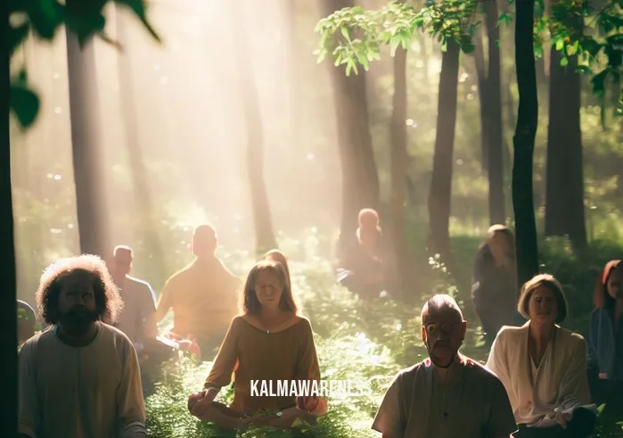 mindful meditation movement _ Image: A group of people sitting in a peaceful, sun-dappled forest clearing, practicing mindfulness meditation with their eyes closed.Image description: Amongst the lush greenery, a small community gathers to engage in mindful meditation, fostering a sense of connection with nature.