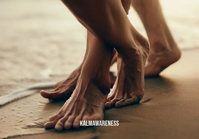 mindful meditation movement _ Image: Individuals walking barefoot on a sandy beach, feeling the texture beneath their feet, and smiling as they embrace the beauty of the ocean.Image description: On the tranquil beach, people have shed their shoes, connecting with the earth and sea, their faces radiant with newfound calm and joy.