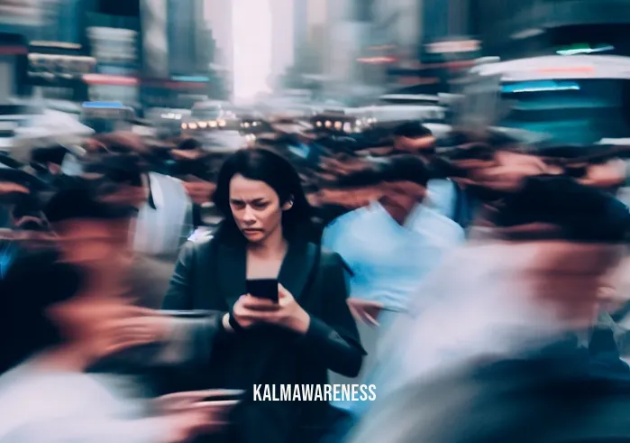 mindful moves _ Image: A crowded, chaotic city street during rush hour. People are rushing, stressed, and absorbed in their smartphones. Image description: A bustling urban scene with commuters in a hurry, lost in their devices.