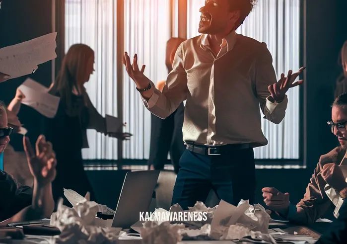 mindful moves _ Image: A group of office workers in a conference room, visibly tense and arguing. Papers are scattered, and the atmosphere is tense. Image description: A stressful office meeting with heated discussions and a cluttered room.