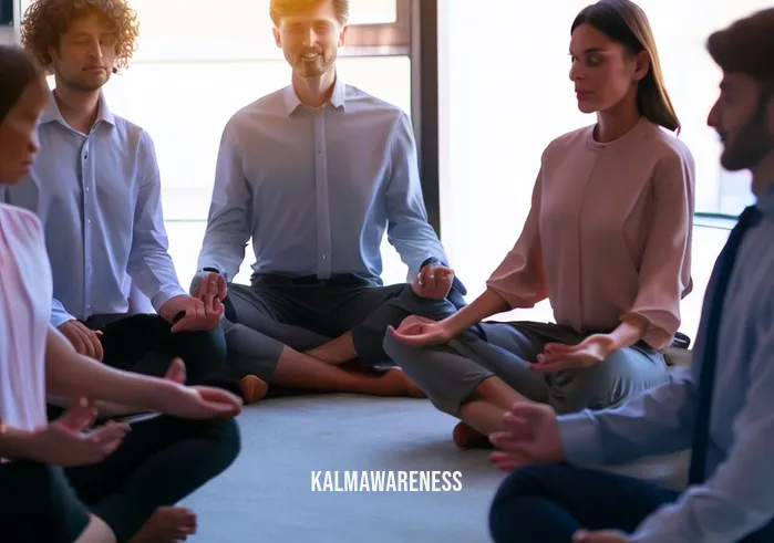 mindful moves _ Image: The same group of office workers, now sitting in a circle, practicing mindfulness exercises together. They appear calmer, more focused, and engaged. Image description: The office team transitions to mindfulness, sitting in a circle with improved focus and composure.