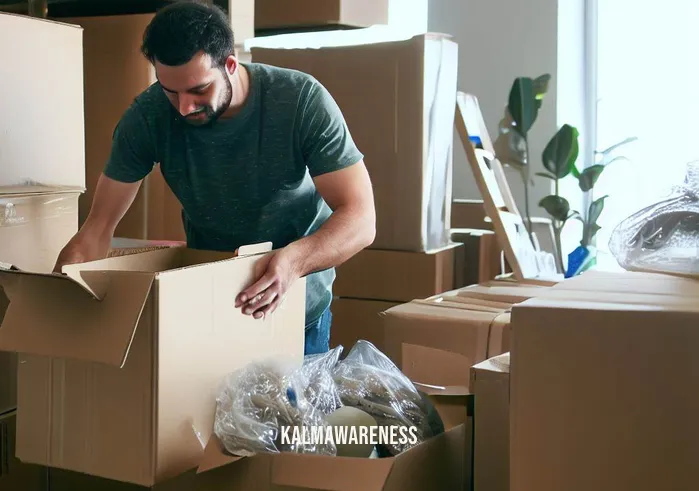 mindful moving and storage _ Image: Efficient packing underway, with items neatly sorted, wrapped, and labeled.Image description: Movers packing items into sturdy boxes, creating order out of the previous chaos.