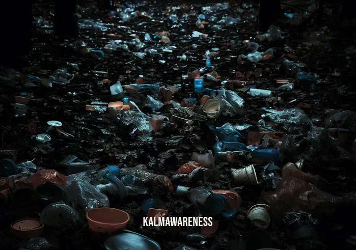 mindful mushrooms _ Image: A dark forest floor covered in littered plastic mushroom containers. Image description: A polluted forest floor littered with discarded plastic mushroom containers and wrappers.