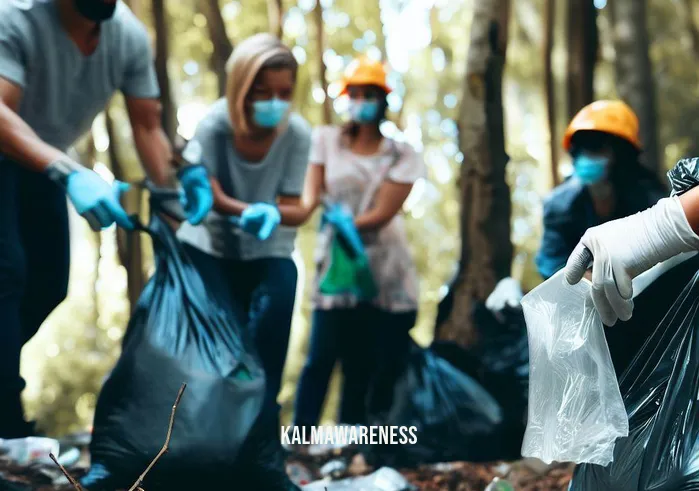 mindful mushrooms _ Image: People in gloves and masks cleaning up the forest, picking up trash. Image description: A group of individuals wearing gloves and masks diligently cleaning up the forest, picking up plastic waste.