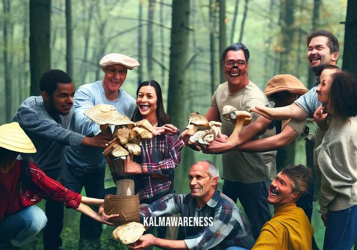 mindful mushrooms _ Image: A diverse group of people happily harvesting mushrooms together. Image description: A diverse group of people joyfully harvesting mushrooms from a pristine forest.