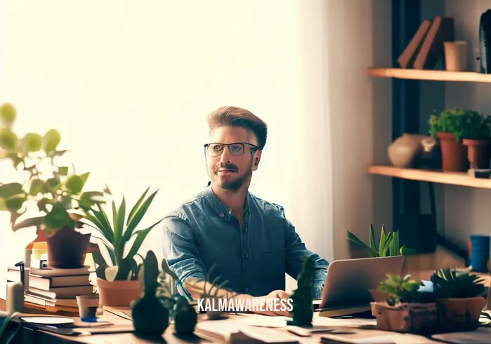 mindful or mindfull _ Image: A serene, organized workspace with a neatly arranged desk, potted plants, and a person with a focused, content expression. Image description: The environment exudes tranquility and order, and the person is fully engaged in their work.