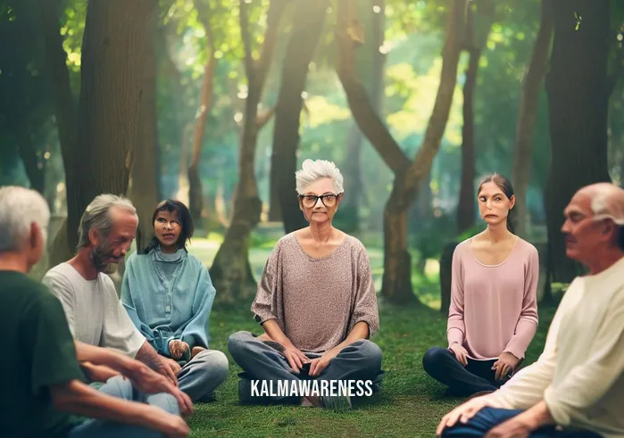 mindful roots _ Image: A serene park with a small group of people sitting in a circle, eyes closed. Image description: In the park, a diverse group has gathered, finding solace in nature as they sit together, eyes closed, in a mindful meditation circle.