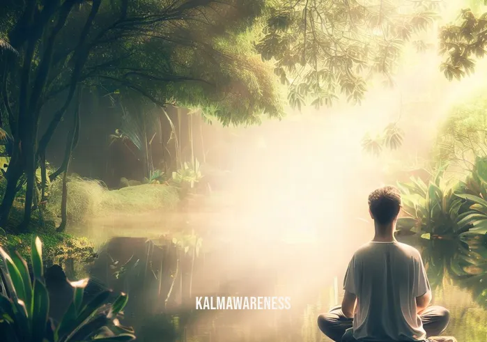 mindful state _ Image: A serene outdoor scene, a person sitting cross-legged by a tranquil pond, surrounded by lush greenery.Image description: A calm and peaceful natural setting with a person meditating next to a serene pond, the sunlight filtering through the trees.