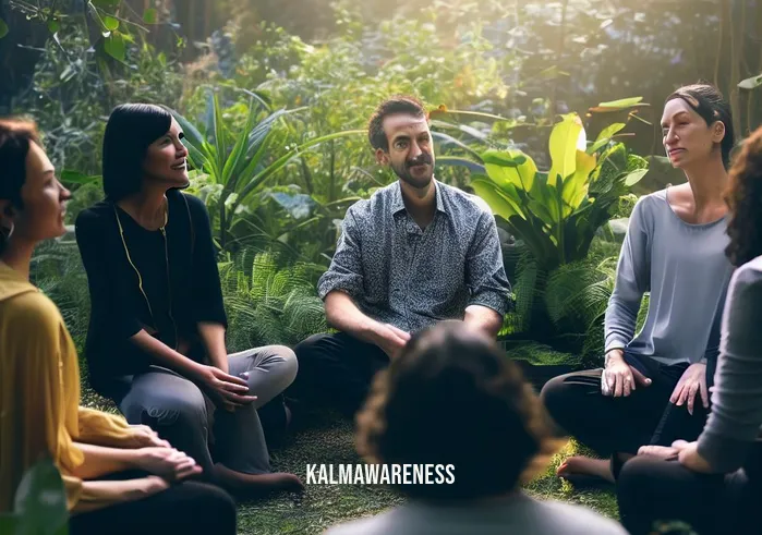 mindful state _ Image: A circle of people in a serene garden, engaged in a calm and empathetic conversation.Image description: A group of individuals in a peaceful garden, sitting in a circle, and having a harmonious, empathetic conversation.