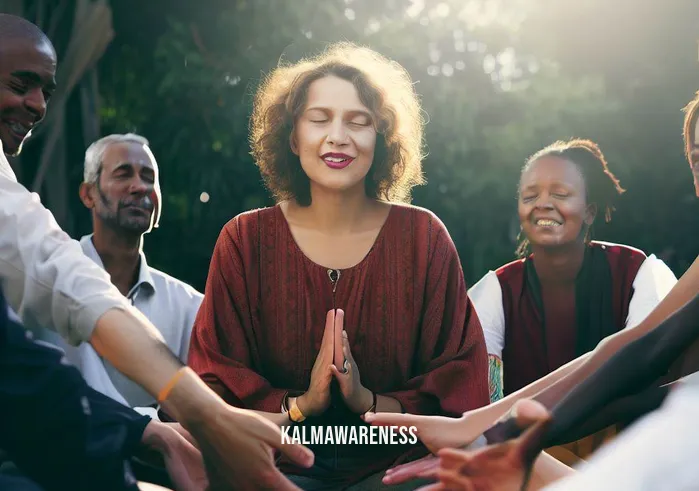 mindful touch _ Image: A group of diverse individuals gathered in a serene park, sitting in a circle with eyes closed. Image description: A circle of people, palms touching the earth, sharing a moment of collective stillness.