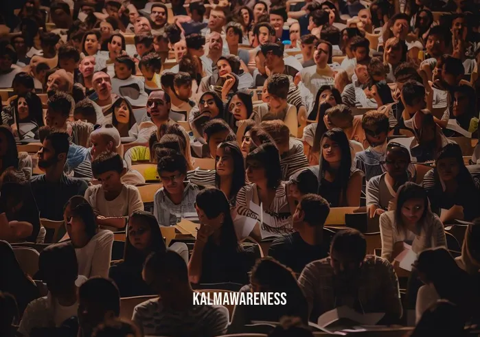 mindful usc _ Image: A crowded university lecture hall filled with students, many looking stressed and overwhelmed.Image description: In a dimly lit lecture hall at USC, students are packed tightly into their seats, their faces etched with anxiety and stress.