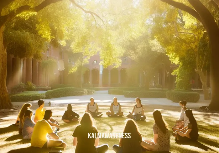 mindful usc _ Image: A group of students sitting in a peaceful, sunlit park on the USC campus, meditating in a circle.Image description: A group of USC students sits in a tranquil, sun-dappled park, forming a circle and engaging in a meditation session, finding solace in the midst of their academic challenges.