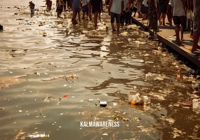 mindful waters _ Image: A crowded and polluted urban waterfront with litter floating in the water. Image description: People walking past a polluted city river, trash bobbing in the murky waters.