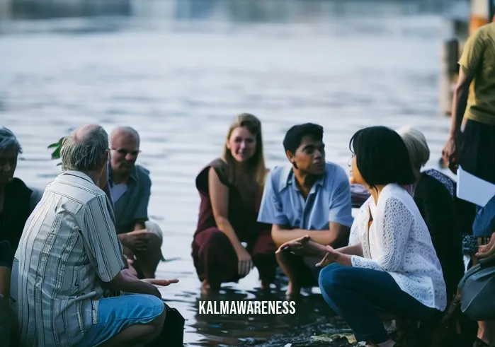 mindful waters _ Image: A group of concerned citizens gathering by the polluted waterfront, discussing the issue. Image description: Local residents meeting by the water, deep in conversation about cleaning up the river.