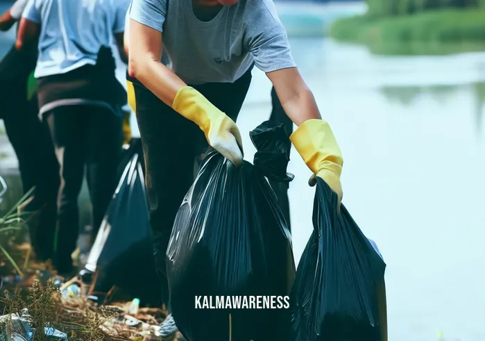 mindful waters _ Image: Volunteers in gloves and bags, cleaning up trash along the riverbanks. Image description: Dedicated volunteers in action, diligently collecting and bagging trash by the water.