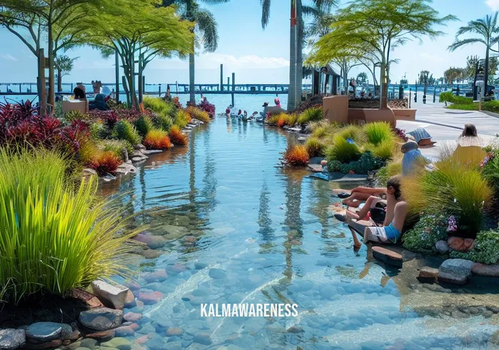 mindful waters _ Image: The rejuvenated waterfront with clear waters, native plants, and people enjoying the serene environment. Image description: A transformed waterfront, featuring clear water, lush native plants, and happy individuals savoring the tranquility.