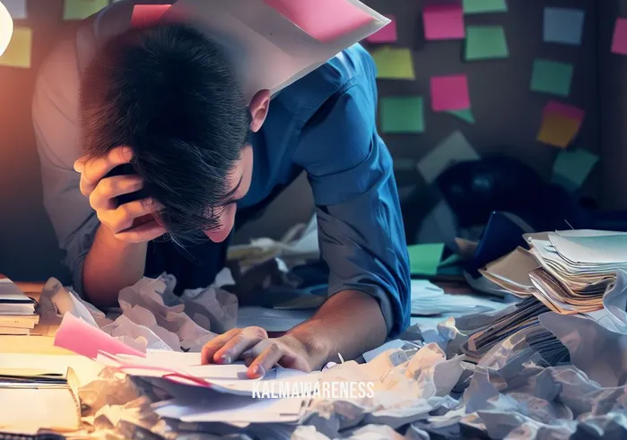 mindfully anderson _ Image: A cluttered and chaotic workspace, scattered papers, and a stressed individual surrounded by to-do lists and a disorganized environment.Image description: The first image portrays a scene of disorder and overwhelm as a person grapples with the chaos of their cluttered workspace, signifying the initial problem.
