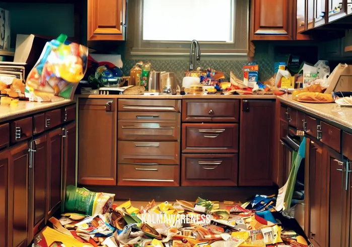 mindfully manage cravings _ Image: A cluttered kitchen with open cabinets and empty snack wrappers strewn about. Image description: A disorganized kitchen filled with evidence of impulsive snacking.