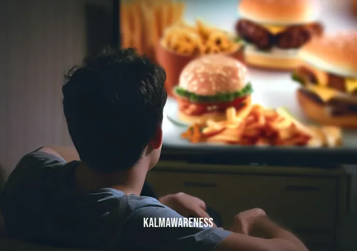 mindfully manage cravings _ Image: A person sitting on the couch, staring at a TV screen with fast-food commercials. Image description: A person succumbing to cravings while watching tempting food ads.