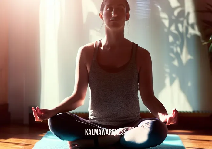 mindfully manage cravings _ Image: A yoga mat laid out in a peaceful, sunlit room with a person in a calming meditation pose. Image description: Transitioning to mindfulness, a person finding inner peace through meditation.