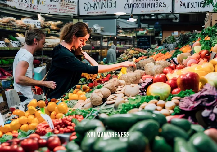 mindfully manage cravings _ Image: A vibrant vegetable and fruit market with people shopping for fresh, healthy produce. Image description: Choosing nourishing options at a bustling market to combat cravings.
