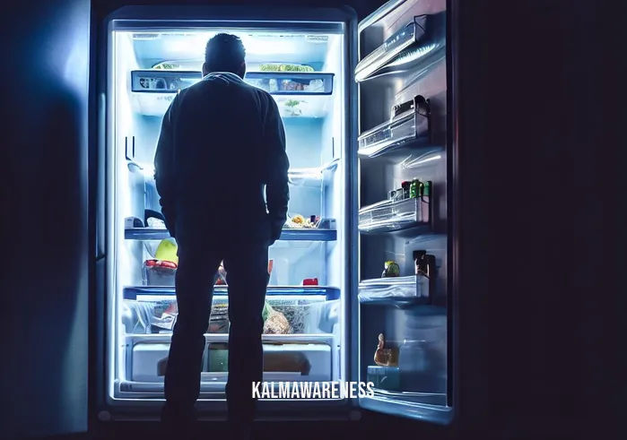 mindfully manage your food cravings _ Image: A person standing in front of an open refrigerator, illuminated by its cold light, contemplating whether to indulge in unhealthy cravings or choose a healthier option.Image description: A person hesitating in front of an open fridge, bathed in the cool light, torn between unhealthy cravings and making a mindful choice for a healthier snack.
