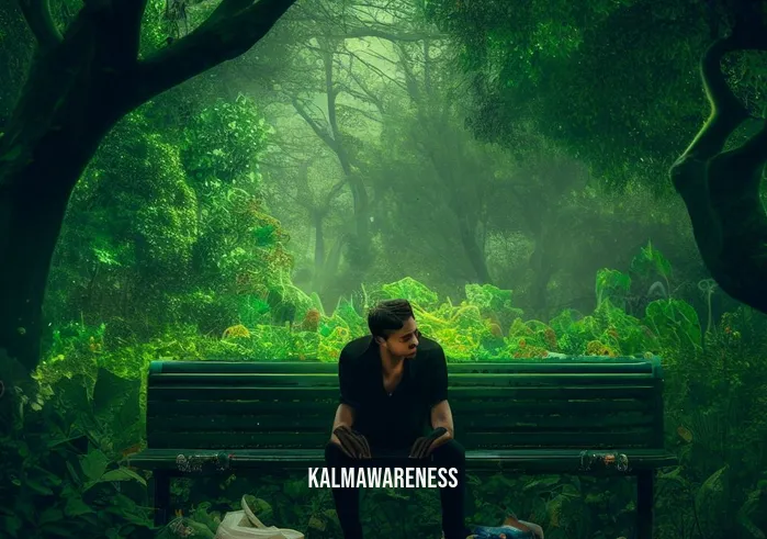 mindfulness aesthetic _ Image: A person sitting on a park bench amidst a lush green park, their face tense with stress, surrounded by litter and noise. Image description: Amidst the urban chaos, a lone individual attempts to find solace but struggles to escape the external disturbances.