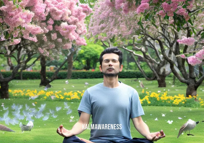 mindfulness aesthetic _ Image: The same person now practicing mindfulness, sitting cross-legged with closed eyes, surrounded by blooming flowers and chirping birds in the same park. Image description: As they embrace mindfulness, the park transforms into a serene oasis of natural beauty, providing a refuge from the hustle and bustle.