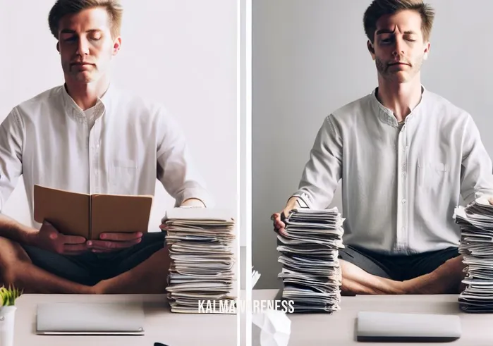 mindfulness as a superpower _ Image: The same desk now organized with neatly arranged papers, a person sitting calmly and focused, practicing mindfulness. Image description: A transformed workspace with organized papers and a person practicing mindfulness, sitting calmly and focused.