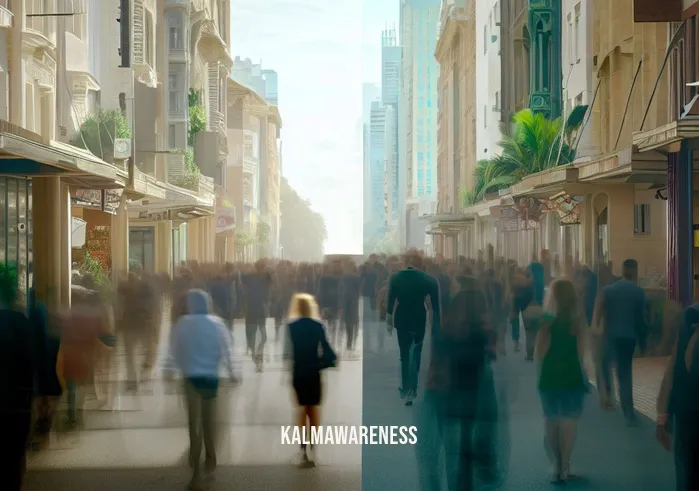 mindfulness as a superpower _ Image: The same city street, but now with people walking mindfully, fully present in the moment, and relaxed. Image description: The city street transformed as people walk mindfully, fully present and relaxed in the moment.
