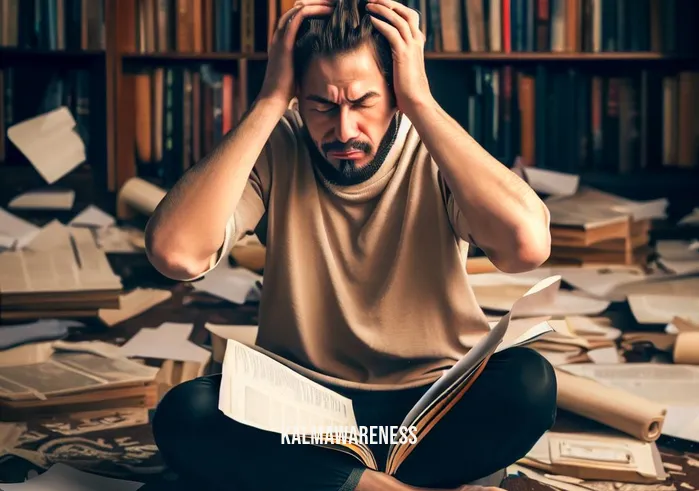 mindfulness books jon kabat zinn _ Image: A person sits cross-legged on a messy, cluttered floor, surrounded by open books on mindfulness and meditation, looking overwhelmed and stressed.Image description: A person surrounded by open books, trying to find solace amid the chaos but struggling to concentrate.