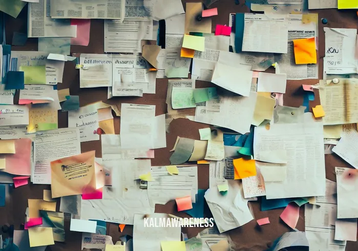 mindfulness bulletin board ideas _ Image: A cluttered bulletin board in a busy office, covered in scattered papers, sticky notes, and chaotic messages.Image description: The bulletin board is a mess, overwhelmed by disorganized information and clutter.