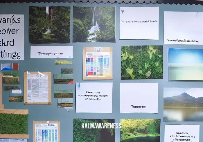 mindfulness bulletin board ideas _ Image: The newly transformed bulletin board adorned with serene nature images, calming quotes, and neatly organized sections for announcements and tasks.Image description: The bulletin board now exudes tranquility, featuring calming visuals and an orderly arrangement.