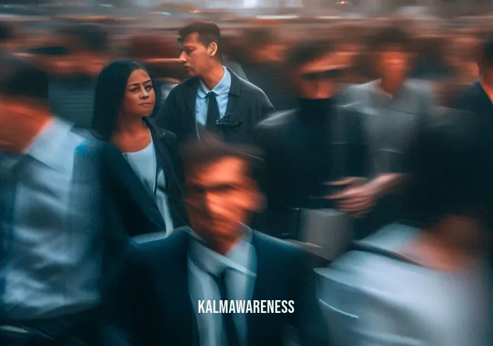 mindful movement meditation _ Image: A bustling city street during rush hour, with people hurrying in all directions, looking stressed and absorbed in their thoughts.Image description: The city street is filled with a sea of people in business attire, rushing to their destinations. Faces are tense, and the atmosphere is chaotic.